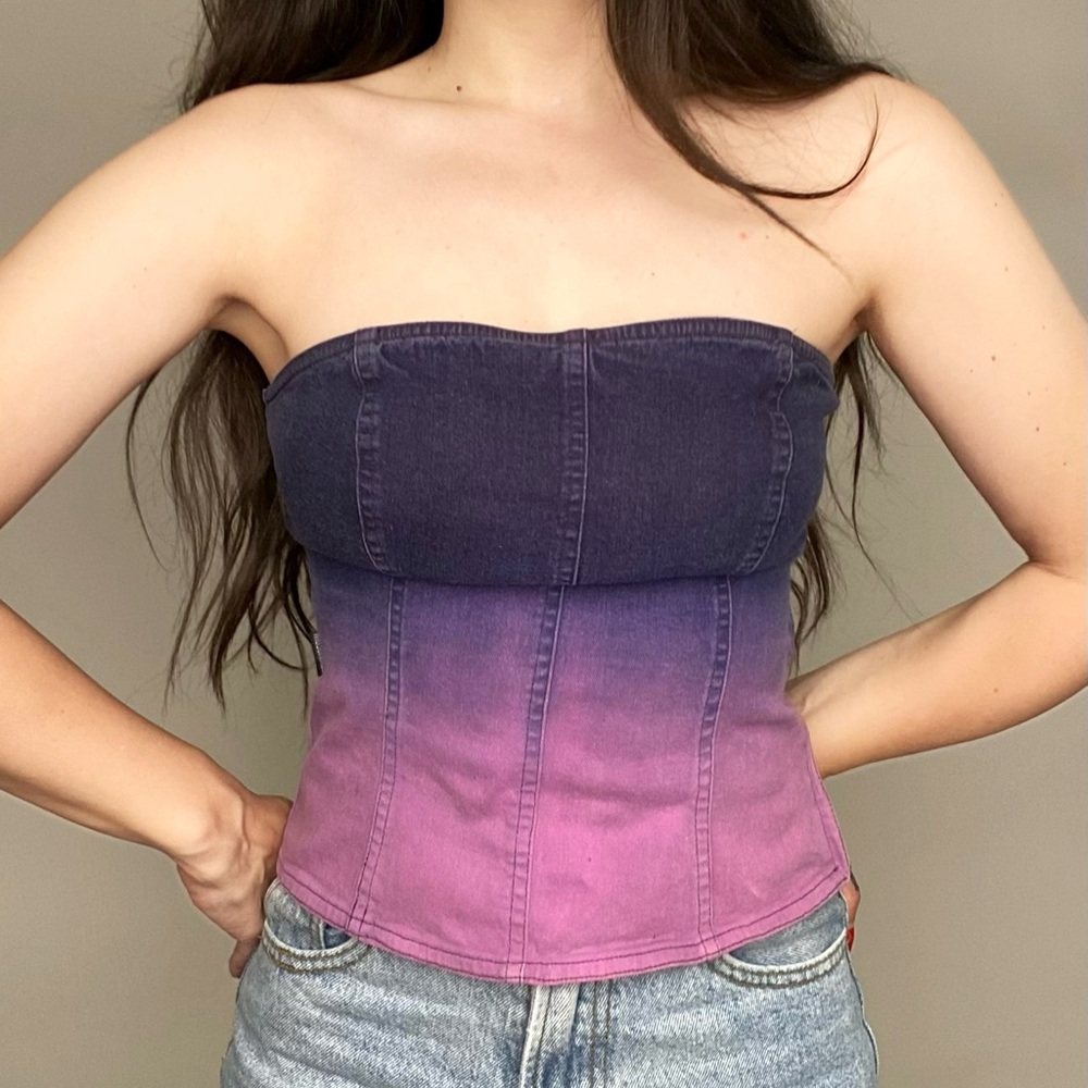 Purple and pink ombré MOSCHINO denim bustier tube top.